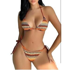 Women's Boho Geo Print Cute Bathing Suit High Waisted Halter Tie Back Swimsuit